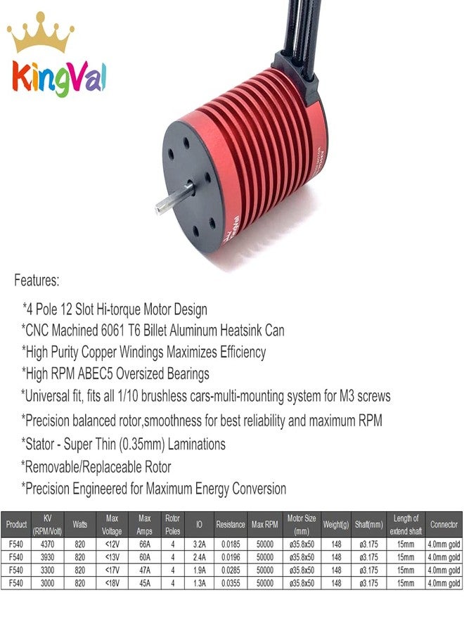 KingVal Replacement F540 4370KV Waterproof Brushless Motor Shaft 3.175mm Compatible with 1/10 RC Car - Image 2